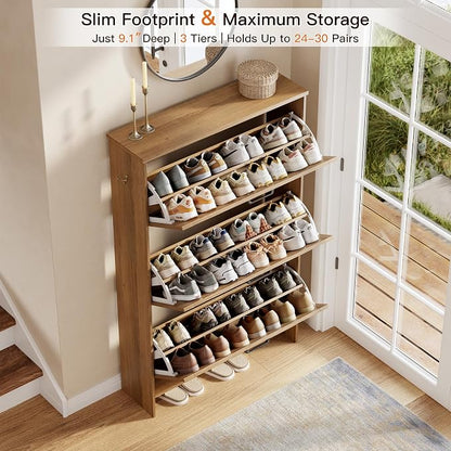 Nicetree Freestanding Shoe Cabinet for Entryways – Shaker Barn Door Style, 3 Flip Drawers, Ultra Slim 9.5" Depth – Farmhouse Shoe Rack with 3 Adjustable Shelves – Caramel Organizer for Hallway & Foyer
