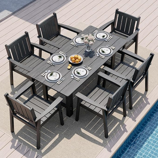 Pamapic 7 PCS Outdoor Dining Set, Spacious HDPE Outdoor Table and Chairs, Wood Grain Patio Furniture Sets with Elegant Armrest, All-Weather Outdoor Furniture with Umbrella Hole, Gray