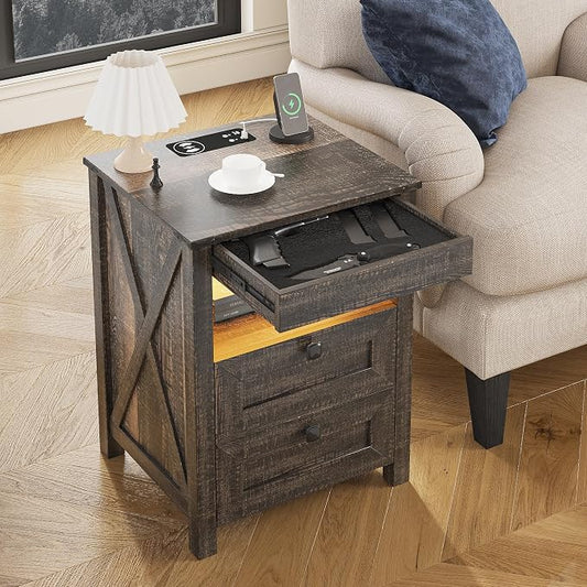 TAGELIER Farmhouse Nightstand with Gun Drawer, Bedside Table with Charging Station, Gun Night Stand with LED Light & Human Sensor, Smart End Table for Bedroom, Rustic Brown