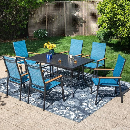 PHI VILLA 7 PCS Patio Dining Set, Metal Outdoor Furniture with 59"x35.4" Dining Table & 6 Stackable Aluminum Textilene Chairs, Patio Table and Chairs for Deck Garden Poolside, Blue