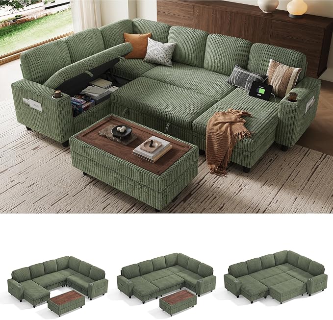 LINSY HOME Sectional Sleeper Sofa with Pull Out Couch Bed for Living Room (Green) | Plush Corduroy