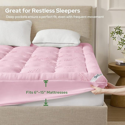 BEDLORE Twin XL Mattress Topper Viscose Derived from Bamboo, Thick Pillow Top Mattress Pad with Deep Pockets for 6-15 inches Mattress, Soft Mattress Topper College Dorm Size for Back Pain(Pink)