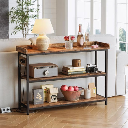 IRONCK Console Table, Sofa Table with Power Outlet, Farmhouse Hallway Table for Entryway, Living Room, Height Adjustable, Easy Assembly, Rustic Brown, 43"