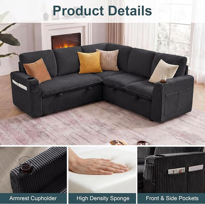 Sectional Sleeper Sofa with Pull Out Bed, Plush Corduroy 5 Seat Modular Sectional Sofa with Storage Chaise and Adjustable Backrest, Cloud Couches for Living Room, Apartment, Dark Grey