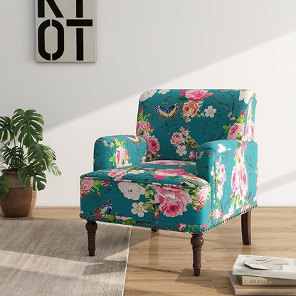 Accent Chair, Mid Century Modern Comfy Armchair for Living Room, Linen Fabric Single Sofa Lounge for Reading Bedroom Apartment Waiting Room with Wood Legs (Floral, Set of 1)