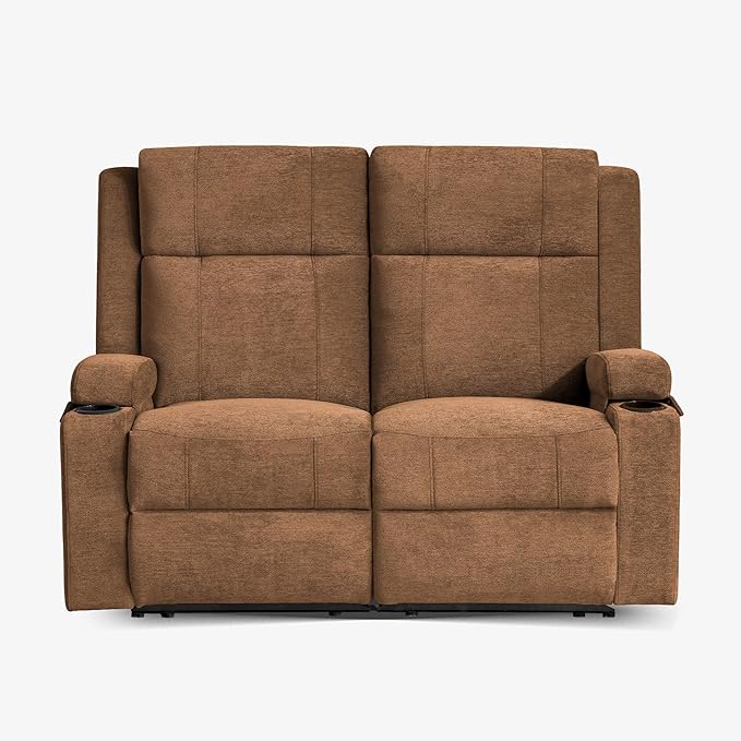 55" RV Loveseat Recliner – Space-Saving Double Reclining RV Sofa, Compact Theater Seating with Cup Holders & Storage Pocket, Brown Chenille Couch for Camper, Motorhome & Home Theater