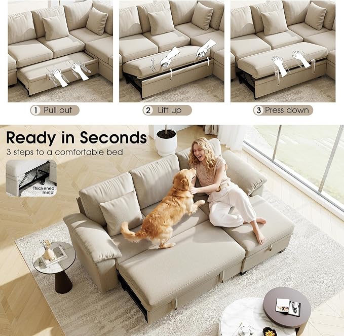 86" Modular Sectional Sleeper Sofa Bed, L Shaped 4 Seat Pull Out Couch with Storage Ottoman, Convertible Cloud Couch Bed, Sectional Couches for Living Room, Apartment (Sand)