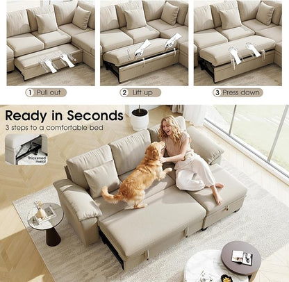 86" Modular Sectional Sleeper Sofa Bed, L Shaped 4 Seat Pull Out Couch with Storage Ottoman, Convertible Cloud Couch Bed, Sectional Couches for Living Room, Apartment (Sand)