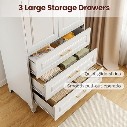 Metal Armoire Wardrobe Closet with Hanging Rod, 71" Tall Wardrobe Cabinet with Doors and 3 Drawers, Clothing Storage Cabinets for Bedroom