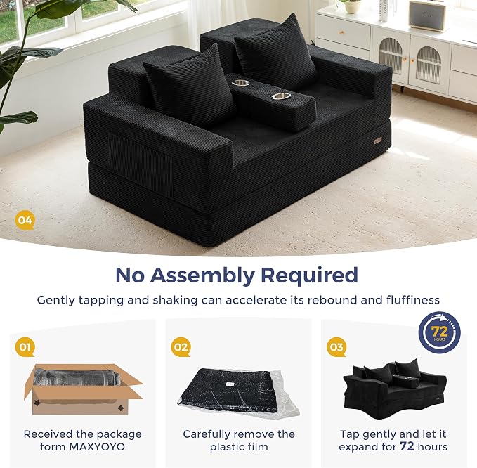 MAXYOYO Loveseat Sofa Bed, 64" Foldable Floor Sofa Couch in A Box with 2 Cup Holders, 4 in 1 Convertible Boneless Couch Folding Recliner Chair for Living Room, No Assembly Required, Black