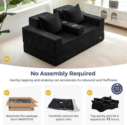 MAXYOYO Loveseat Sofa Bed, 64" Foldable Floor Sofa Couch in A Box with 2 Cup Holders, 4 in 1 Convertible Boneless Couch Folding Recliner Chair for Living Room, No Assembly Required, Black