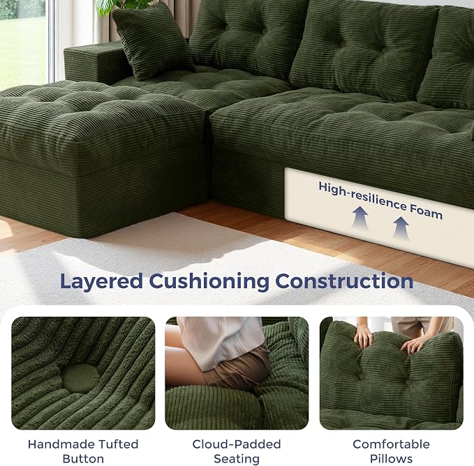 MAXYOYO 96" L Shaped Modular Sectional Sofa with Ottoman, Cloud Boneless Couch with Layered Cushion, Upholstered Sofa in a Box, Flexible Module Combination for Living Room, No Assembly, Dark Green