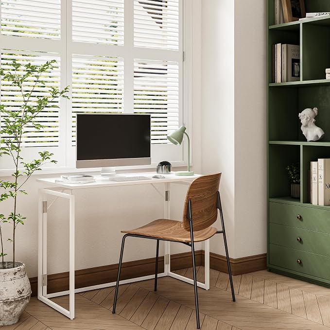 alawooder 31.5" Folding Desk: No Assembly, Wood Top for Small Spaces | Home office desk, holds 150 lbs, folds flat to 2.3 in, splash-proof wood top, sturdy metal frame