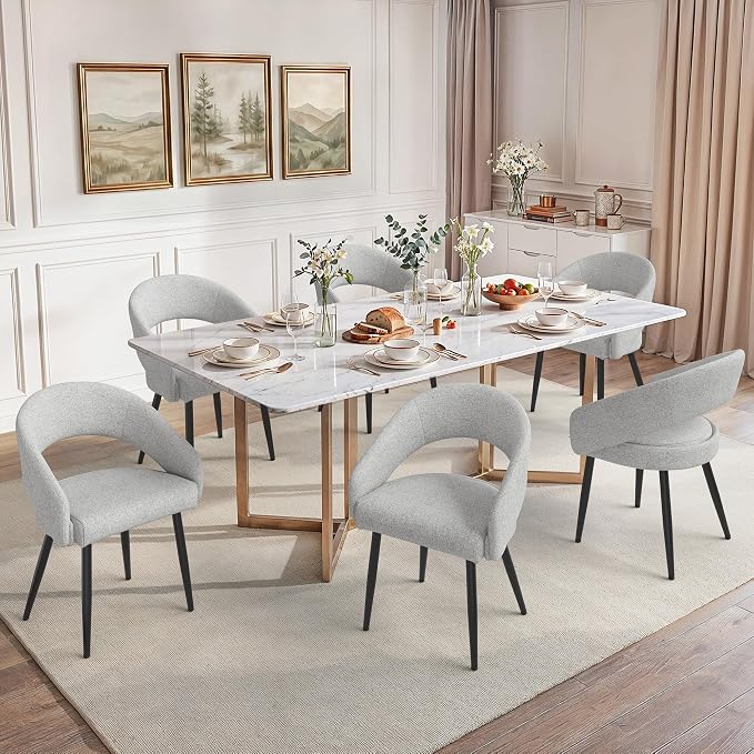 LUE BONA Modern Dining Chairs Set of 6, Upholstered Armrest Side Chairs for Kitchen & Dining Room, 18.5" Seat Height, Comfortable Curved Hollow Backrest, Black Metal Legs, Easy Assembly, Light Grey