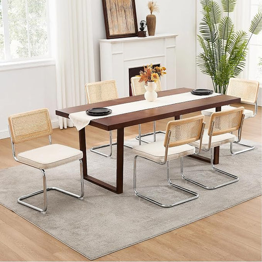 Zesthouse Natural Rattan Dining Chairs Set of 6, Mid Century Cane Dining Room Chairs with Solid Wood Back & Chrome Base for Kitchen, Breuer Design Inspired, Upholstered Linen Fabric, Beige