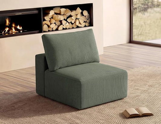 Modular Sectional Sofa Extension, Armless Memory Foam Cloud Chair, 31" Boneless Corduroy Upholstered Single Seat, No Assembly Required Accent Chair for Living Room Apartment Home Decor, Green