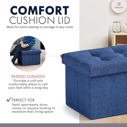 Ornavo Home Small Storage Ottoman Foldable Collapsible Rectangle Linen Ottoman Foot Rest Stool Seat, for Living Room, Bedroom, Home Office, Dorm - 12 x 16 x 12, Navy Blue