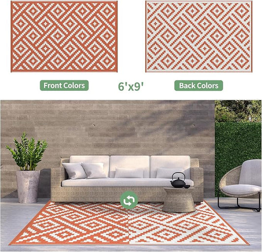 GENIMO Outdoor Rug for Patio, 6'x9' Fall Reversible Plastic Straw Rugs, Waterproof Halloween RV Camping Mat Lightweight Carpet for Camper, Balcony, Deck, Backyard, Picnic, White Orange