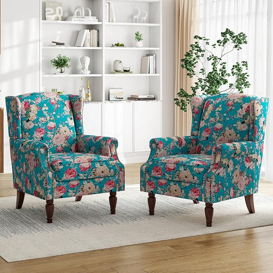 Pia Ricco Set of 2 Floral Accent Chairs, High Back Upholstered Armchairs with Retro Wingback Design, Nailhead Trim & Solid Wood Legs for Living Room Bedroom(Peacock Blue)