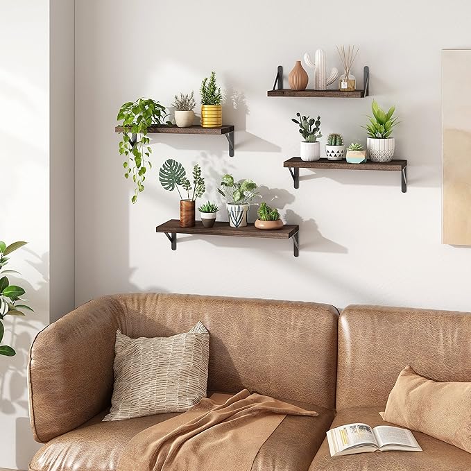 YGEOMER Wall Shelves, 4pcs Different Sizes Dark Carbonized Brown Floating Shelves for Decor