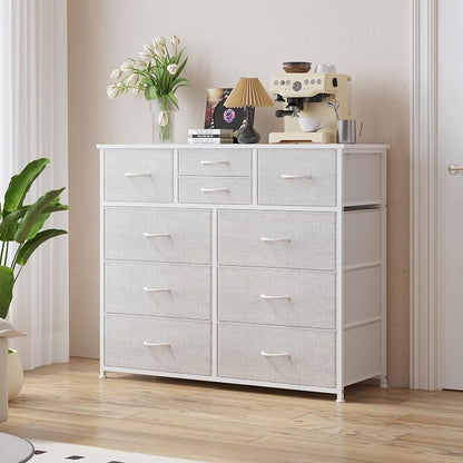 LUMTOK 10-Drawer Dresser, Fabric Storage Tower with Drawers for Bedroom, Dresser Drawer with Handle for Bedroom, Living Room, Hallway, Closets & Nurseryteel Frame, Wood Top (Light Grey)