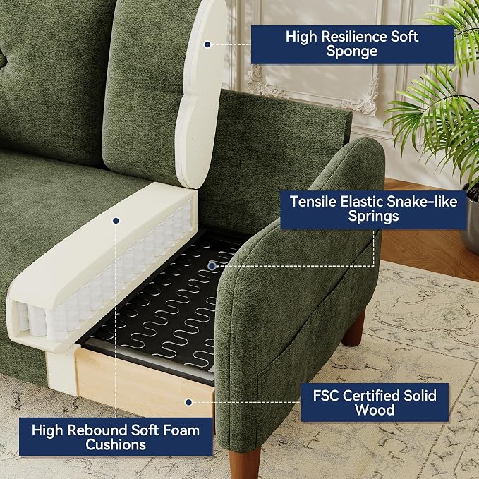 Vipbear 48" Loveseat Sofa,Modern Small Couches for Small Spaces,Green Chenille Love Seat Couch for Living Room,Bedroom,Apartment,Office,Deep Seat,Throw Pillow,Side Pockets,Curved Armrest