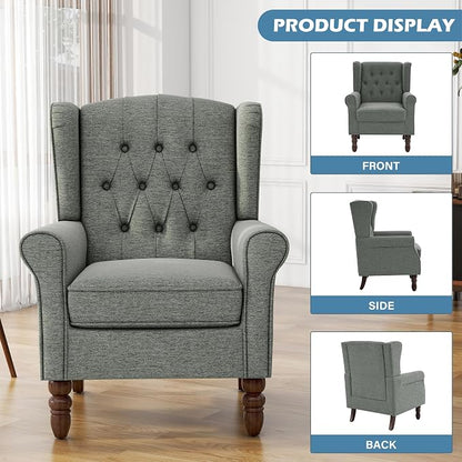 High Back Accent Chairs Set of 2, Upholstered Armchair in Fabric, Retro Wingback Arm Chair for Living Room, Comfy Single Sofa Bedroom Reading Seat with Solid Wood Legs - Dark Gray