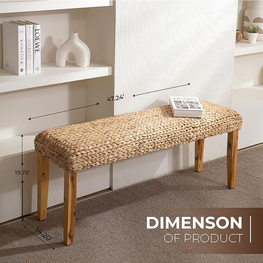Solid Wood Acacia Indoor Bench with Natural Woven Seat, 47 Inch Wood Bench for Living Room or Entryway Bench, Bedroom End of Bed Bench or Dining Benches, Window Bench (Fishbone, Water Hyacinth)