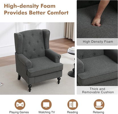 Accent Chair Set of 2, Mid Century Modern Fabric Wingback Chair, Upholstered Armchair with High Back and Vintage Legs, Comfy Single Sofa Side Reading Chair for Living Room Bedroom, Dark Grey
