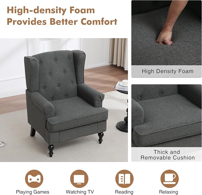 Accent Chair for Living Room, Mid Century Modern Upholstered Armchair, Wingback Chair with Tufted High Back and Solid Legs, Comfy Side Chairs Single Sofa for Bedroom, Dark Grey