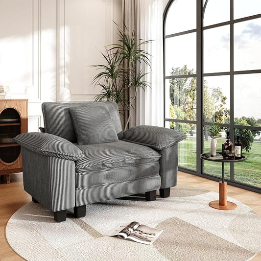 PHI VILLA Oversized Single Sofa Chair with Deep Seat, Upholstered Reading Armchair Modern, 1 Seater Comfy Sofa Chair for Small Spaces Bedroom, Corduroy, Grey