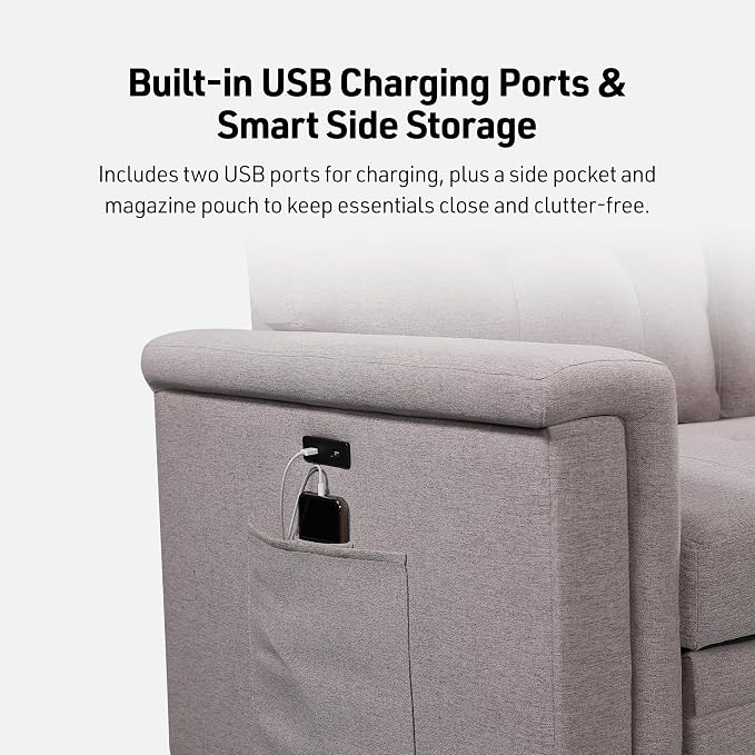 Lilola Home Convertible Sleeper Sofa Bed 84 Inch, L Shaped Sectional Couch with Pull Out Bed, USB Charging Ports, Storage Chaise for Living Room, Office, Linen Fabric, Light Gray