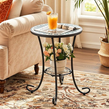 Side Table Outdoor, Mosaic Patio Table with Planter Stand, 22" H Iron Coffee End Table, Weather-Resistant Tile Top Metal Drink Bar Table for Indoor Garden Balcony Yard Bistro