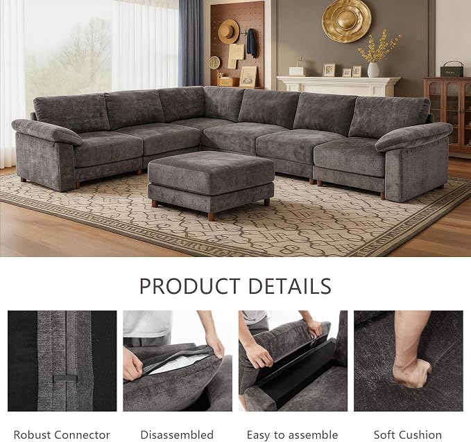 Oversized Modular Cloud Couch with Removable Washable Cover, L/V-Shaped Sectional for Large Living Room, Plush Chenille & Deep Seat（Grey）