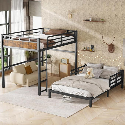 Full Over Full Metal Bunk Bed, Heavy Duty Convertible Bunk Bed Frame with Headboard & Full Guardrails, Can Be Split into Two Platform Beds or Loft Bed, Vintage