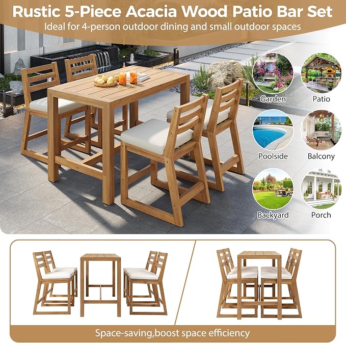 Quarte 5-Piece Acacia Wood Patio Bar Set, Rustic Outdoor Dining Table & Chairs, All-Weather Solid Wood Slatted Tabletop, Space-Saving for Garden, Patio, or Balcony (Light Teak-5)