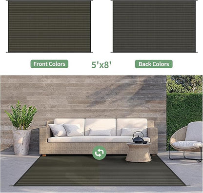 GENIMO Outdoor Rug for Patio Clearance, 5'x8' Reversible Plastic Straw Rugs, Lightweight Waterproof RV Camping Mat for Camper, Balcony, Deck, Backyard, Picnic, Black & Brown