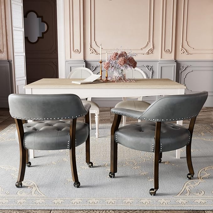 LEEMTORIG Set of 2 Large Dining Chairs with Casters and Arm, Rolling Dining Chairs with Wheel, Poker Table Chairs, Boss Caption's Chairs, 26"D x 25.2"W x 31.5"H, Espresso Legs & Dark Grey, XXY-1910-DG