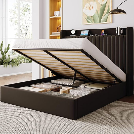 Allewie Full Size Lift Up Storage Bed Frame,Storage Shelf Headboard with Charging Station,Type-C and USB Ports,Hydraulic Support,Velvet Upholstered Bed Frame,No Box Spring Needed,Black