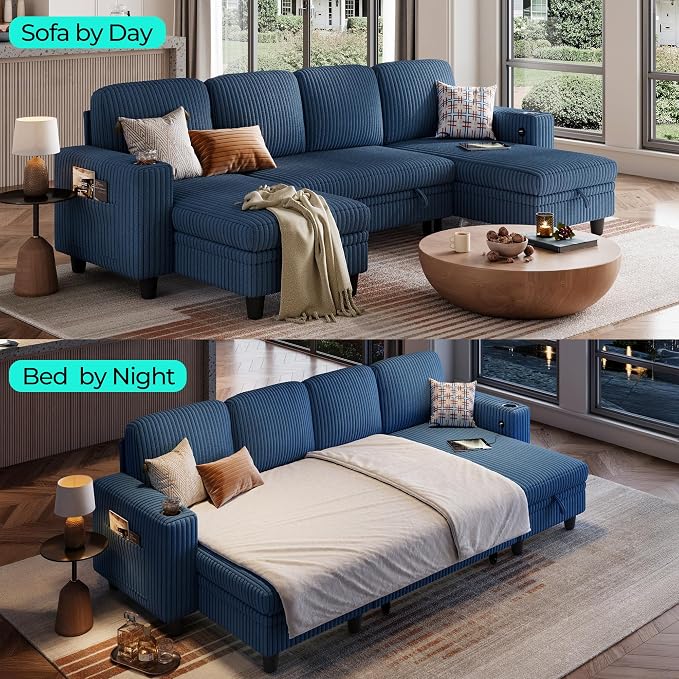 LINSY HOME Sectional Sleeper Sofa Pull Out Couches for Living Room (Blue, Sleeper Sofa 3) | Pull Out Sofa Bed, Storage, USB Charging, Cup Holders, Plush Corduroy