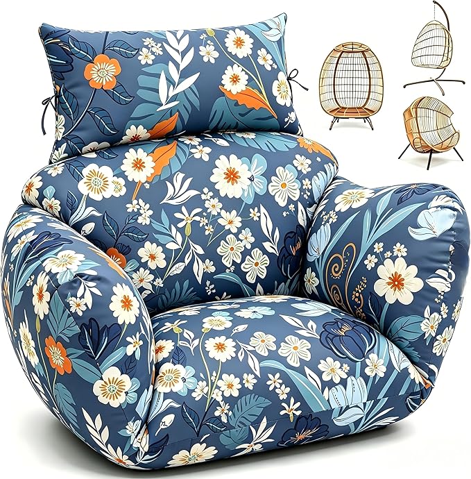 Waterproof Egg Chair Cushion Replacement 47x31.5x4.7 inch Thicken Hanging Egg Swing Chair Cushion Indoor Outdoor Wicker Rattan Hammock Basket Cushion with Headrest Pillow, Blue Peony