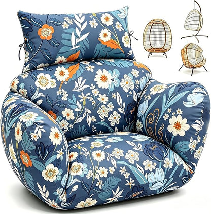 Waterproof Egg Chair Cushion Replacement 47x31.5x4.7 inch Thicken Hanging Egg Swing Chair Cushion Indoor Outdoor Wicker Rattan Hammock Basket Cushion with Headrest Pillow, Blue Peony