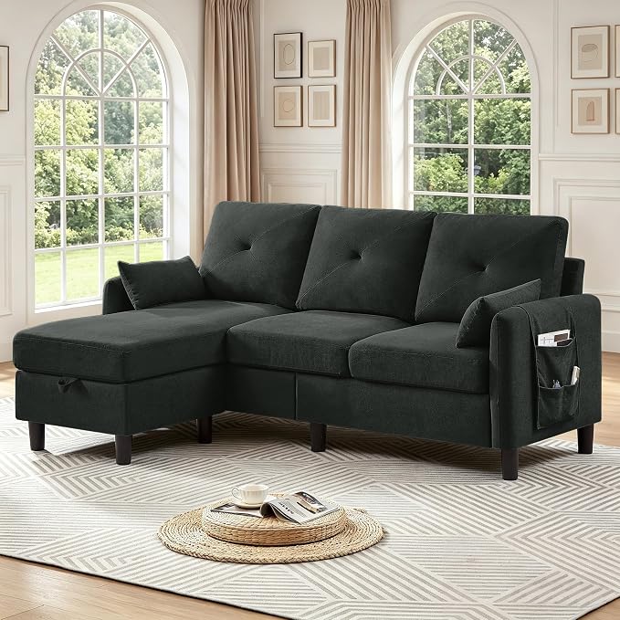 Convertible L-Shaped Sectional Sofa, 3-Seat Sofa Couches with Storage Ottoman & 2 Pillows and Side Storage Pockage, Small Modern Couch for Living Room, Apartment and Office, Black