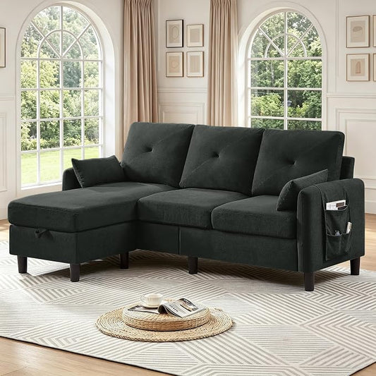 Convertible L-Shaped Sectional Sofa, 3-Seat Sofa Couches with Storage Ottoman & 2 Pillows and Side Storage Pockage, Small Modern Couch for Living Room, Apartment and Office, Black