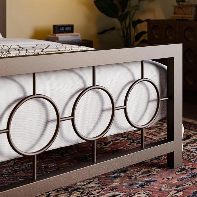 SHA CERLIN King Size Metal Bed Frame with Vintage Circular Design Headboard and Footboard,No Box Spring Required, Easy Assembly,Noise-Free,Brown
