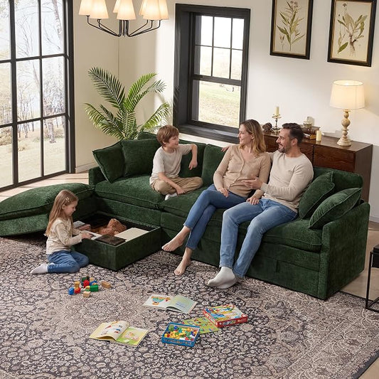 Ihanherry 103" Modular Sectional Sofa with Storage, L Shaped Cloud Couch with Movable Ottomans & 4 Pillows, Chenille Deep Seat Sectional Couches for Living Room, Apartment (Green)