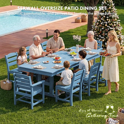 SERWALL 9 Piece 84" HDPE Outdoor Dining Set with 6 Armless Chairs, 2 Armchairs and Umbrella Hole for 8, Blue