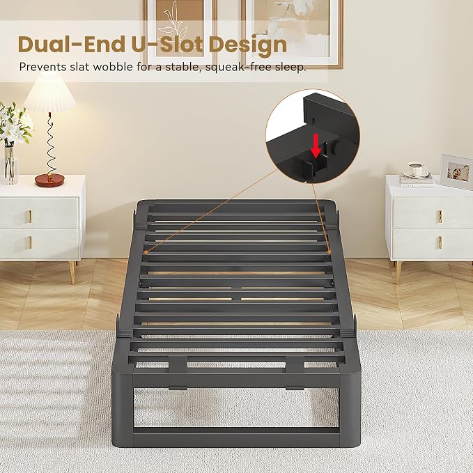 10 Inch Twin XL Bed Frame with Rounded Corner and Squeak Free U-Slot Design, Metal Platform Bed Frames 6 Non-Slip Guards, 3500lbs Heavy Duty Steel Slat Support, No Box Spring Needed, Black