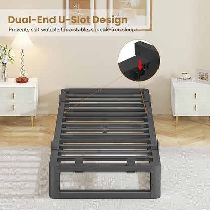 10 Inch Twin XL Bed Frame with Rounded Corner and Squeak Free U-Slot Design, Metal Platform Bed Frames 6 Non-Slip Guards, 3500lbs Heavy Duty Steel Slat Support, No Box Spring Needed, Black