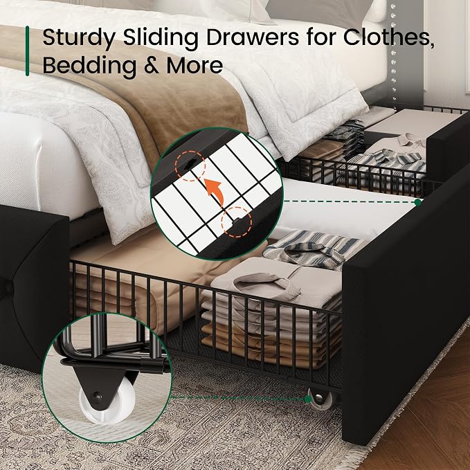 LARMACE King Size Bed Frame with LED Lights and 4 Storage Drawers Velvet Upholstered Platform Bed Frame with 47.2" Tall Tufted Headboard Wingback, No Box Spring Needed, Easy to Assemble, Black